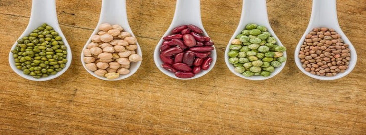 selection of seeds and kernels on a row of spoons