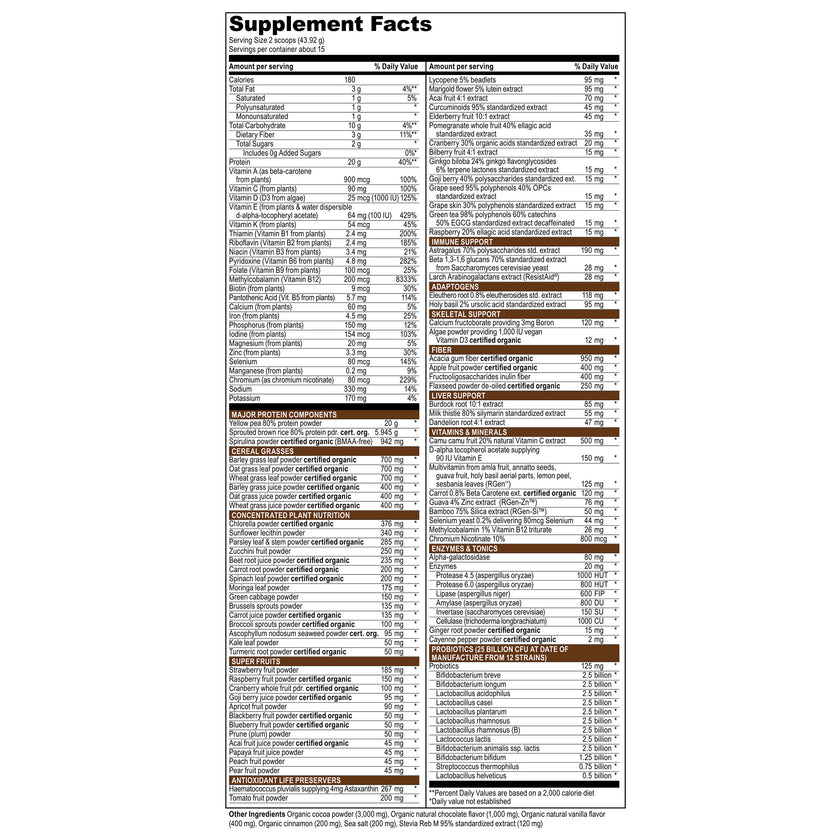 supplement facts Maximum Vibrance chocolate